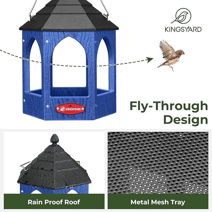 Kingsyard Platform Bird Feeder for Outdoor Hanging - Gazebo Style Recycled Plastic Wild Bird Feeding Station with Rain-Proof Roof & Metal Mesh Tray. Blue