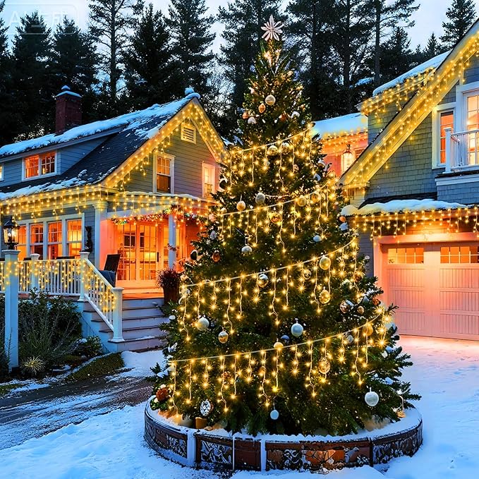 KNONEW Christmas Lights Outdoor Decorations 400 LED 33ft 8 Modes Curtain Fairy String Light with 75 Drops, Clear Wire LED String Light Indoor Decor for Wedding Party Christmas Decorations Warm White