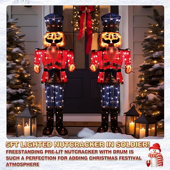 VEIKOU 5FT Lighted Nutcracker Outdoor Christmas Decorations, Nutcracker Christmas Decoration Outside with Ground Stakes, Nutcracker Soldier Xmas Decor with Drum for Holiday Gateway Porch