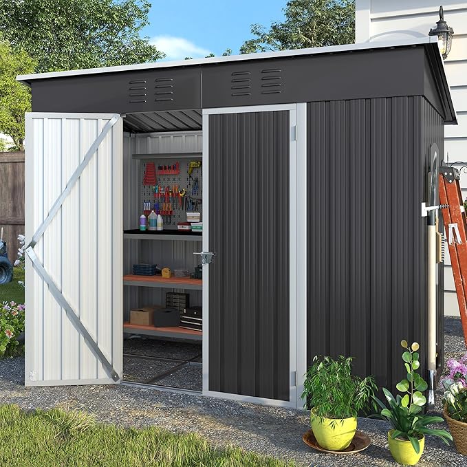 Amopatio 8x4 Storage Shed, Metal Sheds & Outdoor Storage for Bike, Garden Tools, with Lockable Door