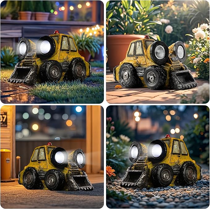 Garden Statue Outdoor Solar Light Decor with LED Light Rustic Vintage Bulldozer Construction Vehicle Decoration for Lawn Patio Yard Gifts for Women