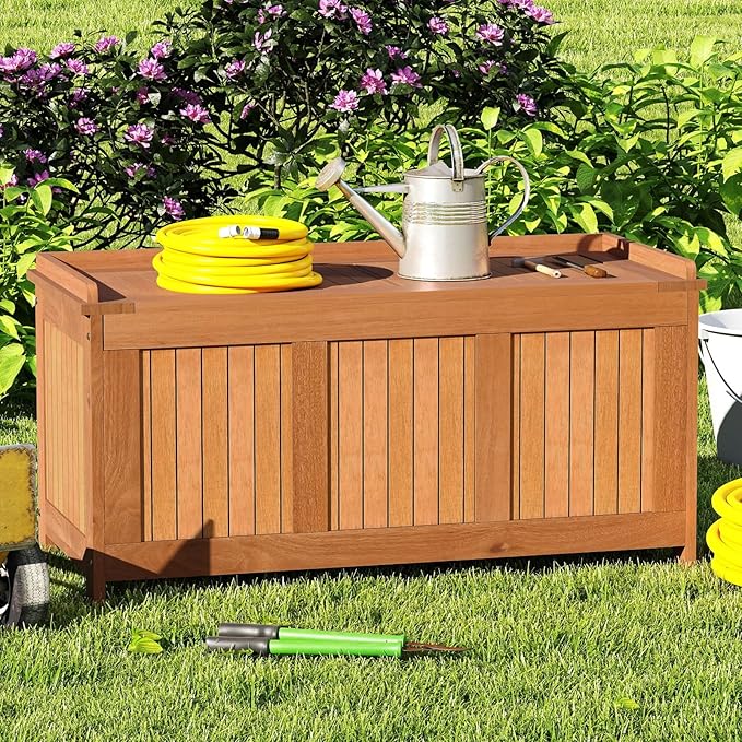 RELAX4LIFE Wood Deck Box, 58 Gallon Backyard Storage Bin Container for Patio Furniture Cushions, Pillows, Garden Tools, Pool Accessories, Wooden Porch Bench, Indoor Outdoor Storage Box (58 Gal)