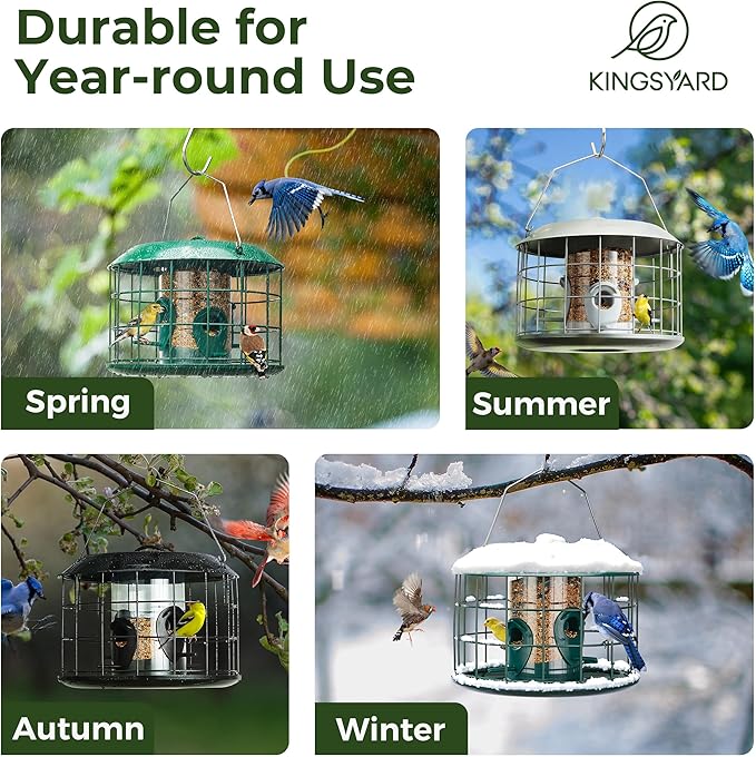 Kingsyard Mesh Caged Bird Feeders for Outdoor Hanging, Tube Squirrel Proof Bird Feeders with Tray for Small Birds Finches Bluebird, Rain Proof Covered, 4 Feeding Ports, Black