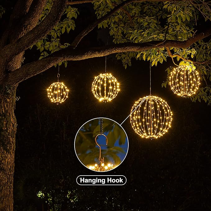 LIGHTSHARE 20IN 200LED Light Ball Yard Decoration Pathway Lights Sphere Light Fold Flat Metal Frame Indoor Outdoor Waterproof Garden Lights, Brown Frame / Warm White Lights