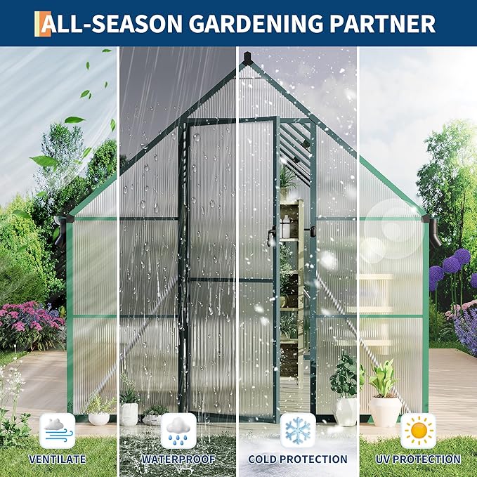 8X16 ft Polycarbonate Greenhouse with Aluminum Frame, Polycarbonate Greenhouse for Outdoors, Greenhouses with Ventilation and Rain Gutter, Aluminum Large Walk-in Greenhouses for Outside