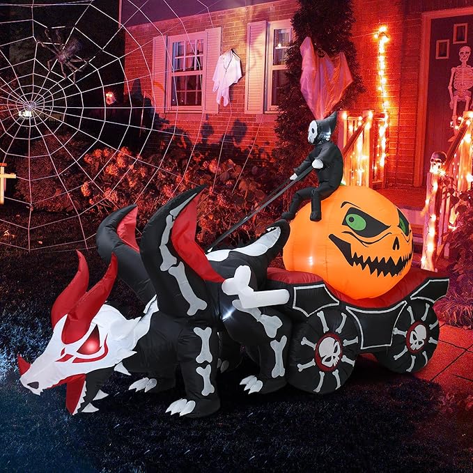 DearSun 9FT L Halloween Inflatable Carriage, Grim Reaper Sits on Pumpkin and Drives Skeleton Dragon Carriage with Build-in LED Lights, Blow up Halloween Inflatable Outdoor Decorations