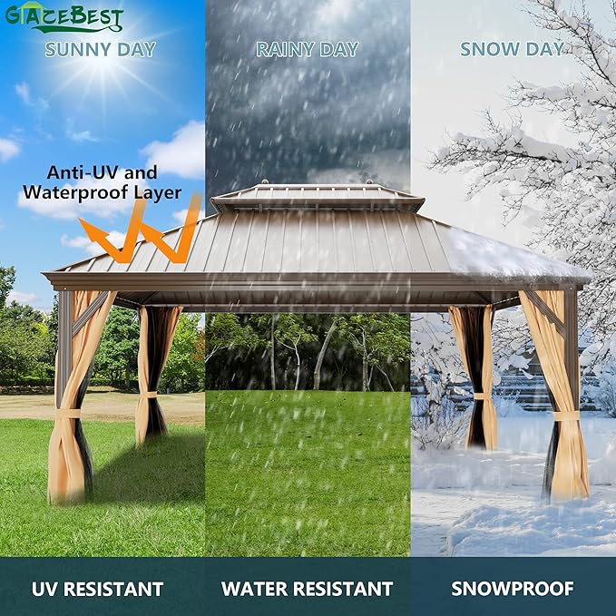 12'x16' Hardtop Gazebo, Outdoor Aluminum Patio Gazebo Double Roof Galvanized Steel Canopy with Netting and Curtains,for Garden, Patio, Backyard, Deck and Lawns.