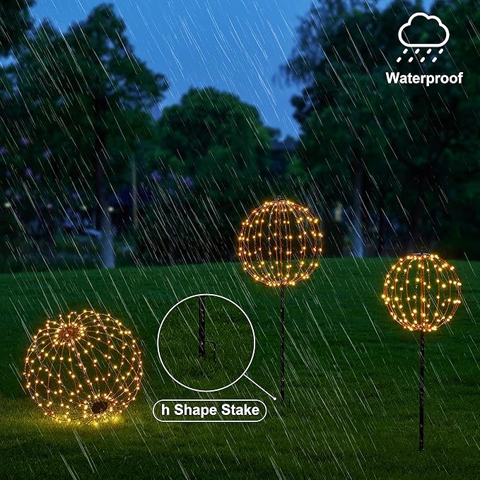 LIGHTSHARE 20IN 200LED Light Ball Yard Decoration Pathway Lights Sphere Light Fold Flat Metal Frame Indoor Outdoor Waterproof Garden Lights, Brown Frame / Warm White Lights