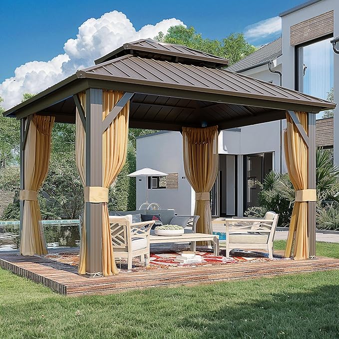 MELLCOM 10'x12' Hardtop Gazebo, Metal Double Roof Aluminum Gazebos with Curtain and Netting,Brown Permanent Galvanized Steel Pavilion for Patio, Lawn & Deck