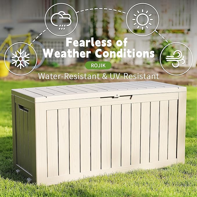 ROJIK Outdoor Storage Housing Deck Box - Waterproof Patio Furniture, Garden Tools, Cushions, Pool Accessories Storage Bench with Lockable Lid and Side Handles (Grey 76 Gal)
