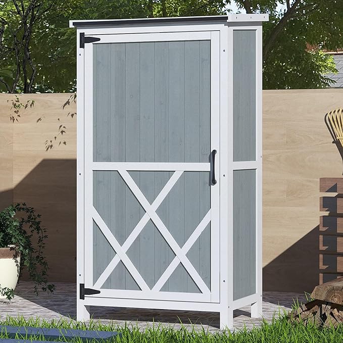 GDFStudio 54" Two-Tone Storage Shed Gray & White Design Outdoor Tool Storage House with Sloped Roof & 5 Customizable Compartments for Garden Patio Backyard, Gray