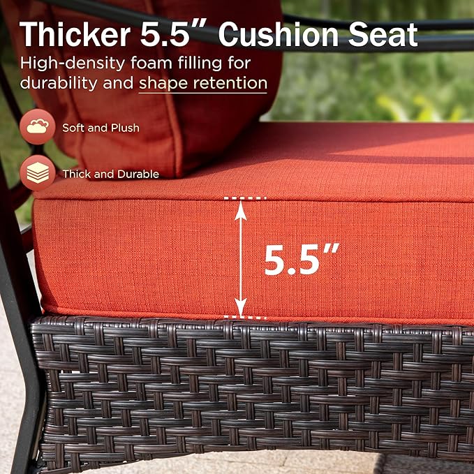 PHI VILLA Outdoor Modern Patio Furniture Set, Upgraded Wicker&Metal Patio Furniture Conversation Set with Waterproof Thick Cushions for Porch, Poolside, Deck, and Yard (4 Pieces,Red)