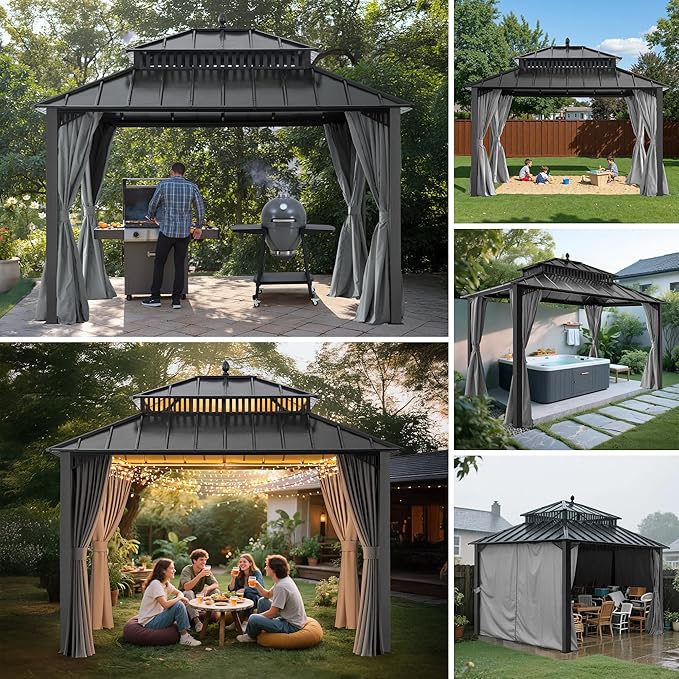SUNJOY Kingston 12' x 10' Hardtop Gazebo with Galvanized Steel Double Roof, Curtain and Netting, Gray Aluminum Posts Permanent Pavilion Gazebo for Garden, Patio, Deck, Lawn