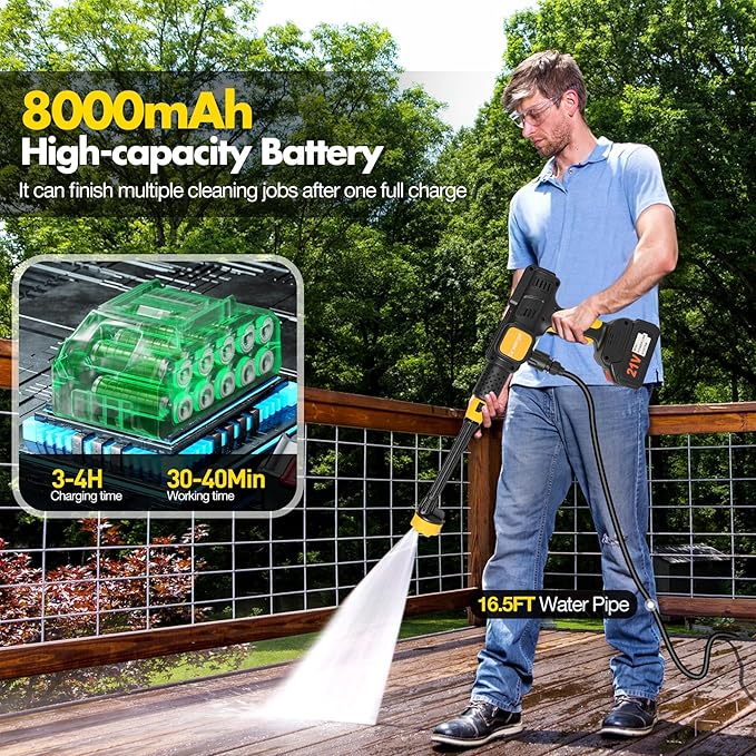 Cordless Pressure Washer, 600PSI Portable Power Washer with 6-in-1 Nozzle & Foam Cannon, 21V Battery Powered Cordless High Pressure Washer Gun, Handheld Pressure Washers for Car, Patio, Home