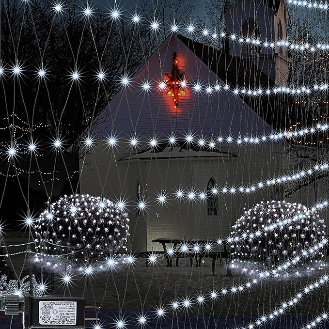 Cool White Net Lights, 360 LED Outdoor Christmas Net String Lights, 21 ft x 5 ft Large Net Mesh String Lights, 8 Modes Twinkle Lights Connectable Plug in for Bushes Halloween Yard Garden Party Decor