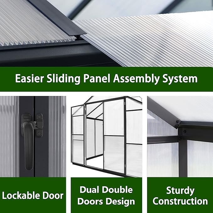 MUPATER 8 x16 FT Outdoor Walk-in Backyard Green House Kit with Sliding Lockable Door for Outdoor, Polycarbonate Greenhouse with Aluminum Frame & Adjustable Roof Vent, Garden, Patio, Lawn, Gray
