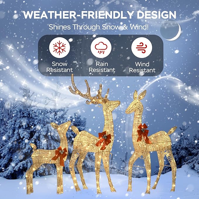 Outdoor Lighted Reindeer Family Christmas Decor, 3-Piece Large Deer (Buck/Doe/Fawn) Holiday Lawn Decorations Set, 210 Warm White LED, Metal & Rattan, Perfect for Yards, Garden
