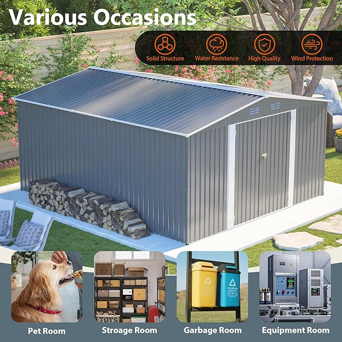 12×14 ft Outdoor Metal Storage Shed, Large Garden Tool Shed with Lockable Double Doors, Waterproof Yard Building, Patio, Light Gray