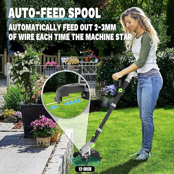 Weed Wacker Cordless 20V 12'' Electric Weed Eater with Auto Line Feed, 2 x 2.0Ah Battery and Fast Charger, 6 x Replacement Line, Battery Powered String Trimmer for Lawn Care, GrassTrimmer (AD-ST-002)