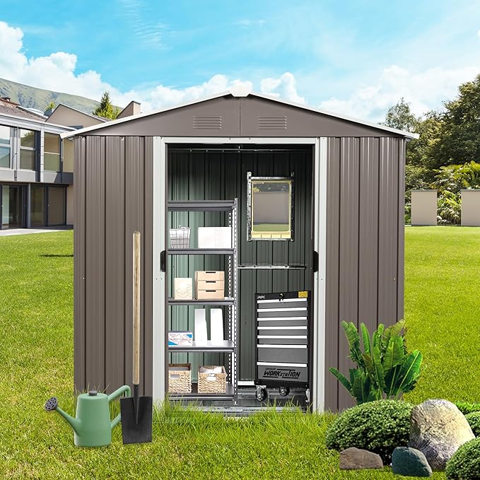8x4 ft Outdoor Metal Storage Shed with Floor Foundation and Window, Lockable Galvanized Steel Tool Shed with Sliding Door and Air Vent, Waterproof Garden Storage House for Backyard, Patio