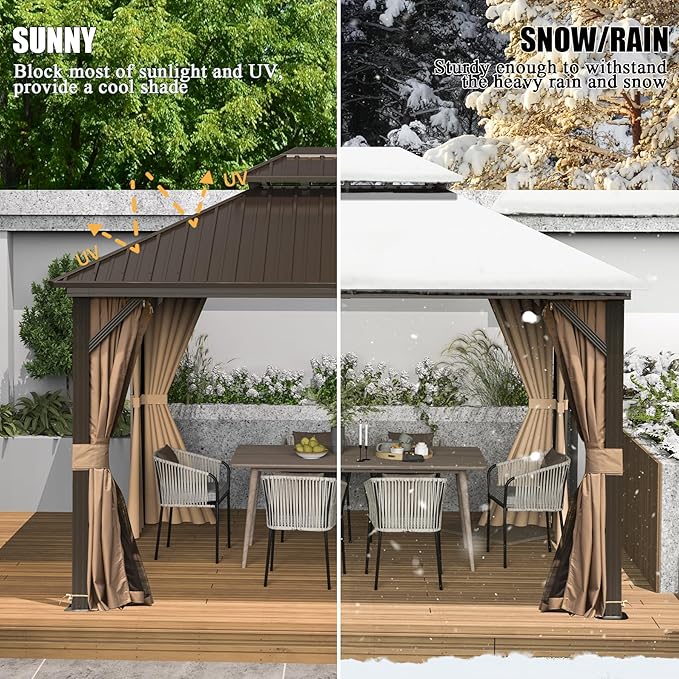 Domi 10'x14' Hardtop Gazebo Canopy, Outdoor Metal Gazebo with Galvanized Steel Double Roof,Curtain and Netting,Permanent Pavilion for Patio Deck,Backyard