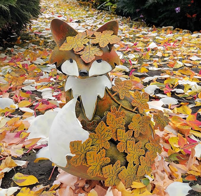 coolboy Garden Metal Fox Outdoor Statues,Interesting Maple Leaf Fox Sculpture for Patio Lawn Home Decor,Garden Art Decoration Ornament for Indoor,Terrace, Lawn,Yard,Animal Decorative