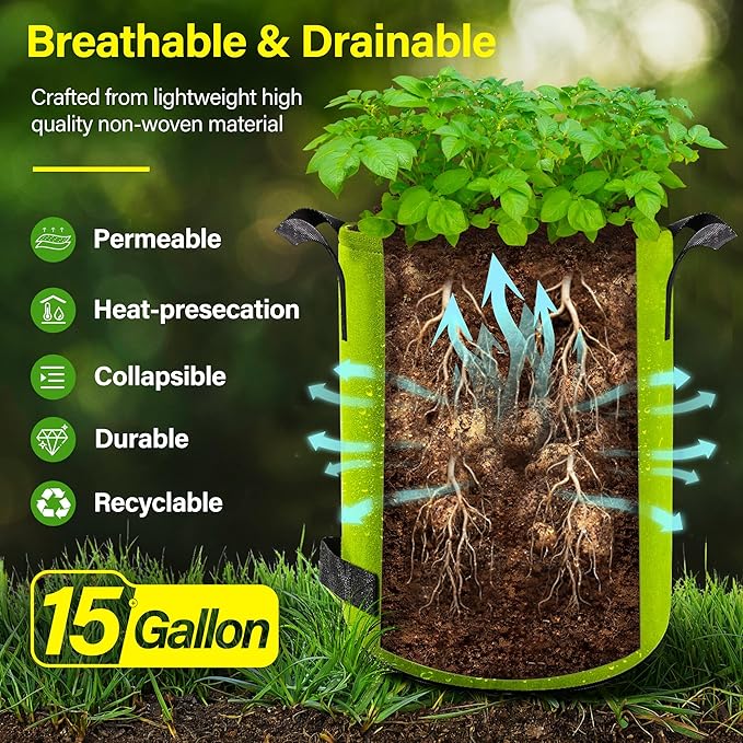 Suntee 6 Pack 15 Gallon Potato Grow Bags with Flap, Thickened Nonwoven Fabric Grow Bags for Growing Potatoes, Colorful Plant Grow Bags Pots Gardening Vegetable Potato Growing Bags with Durable Handles