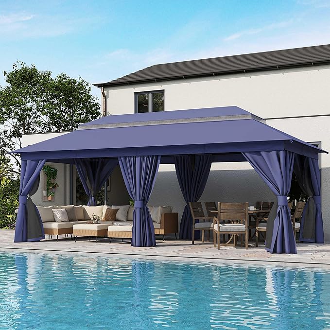 LAUSAINT HOME Outdoor Patio Gazebo 10'x20' with Expansion Bolts, Heavy Duty Party Tent & Shelter with Double Roofs, Mosquito Nettings and Privacy Screens for Backyard, Garden, Lawn, Navy Blue