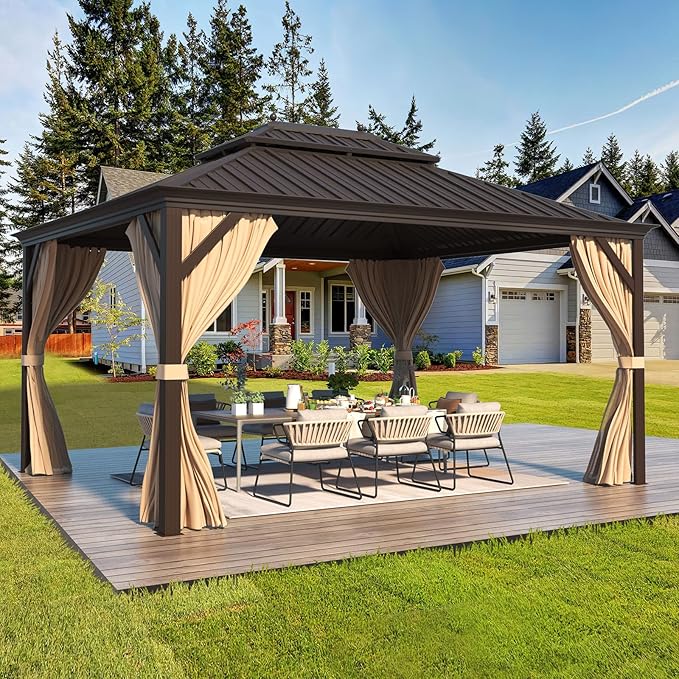 MELLCOM 10'x12' Hardtop Gazebo with Galvanized Steel Double Roof, Canopy Aluminum Frame, Curtains and Netting Included, Metal Outdoor Gazebos for Patios, Garden, Lawns, Parties