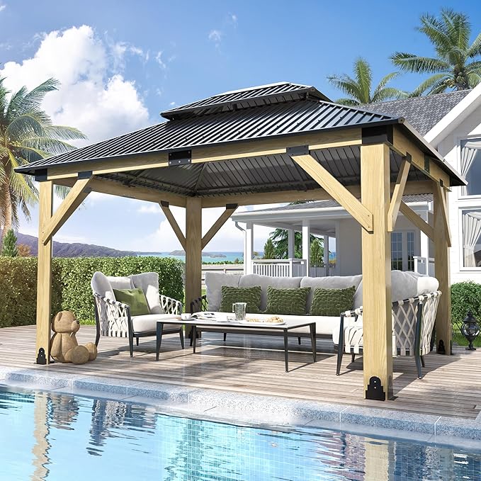 GARTOO 11’x13’ Outdoor Wooden Gazebo - Patio Galvanized Steel Gazebo with Double Vented Roof, Heavy-Duty Wooden Gazebos for Garden, Lawn, Poolside, Backyard Deck