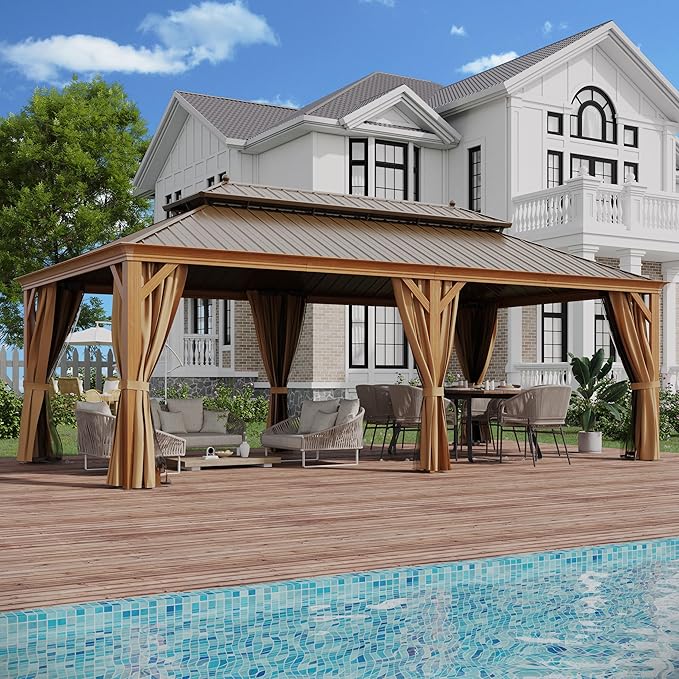 12' X 22' Hardtop Gazebo, Aluminum Wood-Looking Frame Outdoor Permanent Galvanized Steel Double Roof Pavilion Pergola Canopy with Privacy Curtains for Garden, Patio, Backyard, Deck and Lawns.