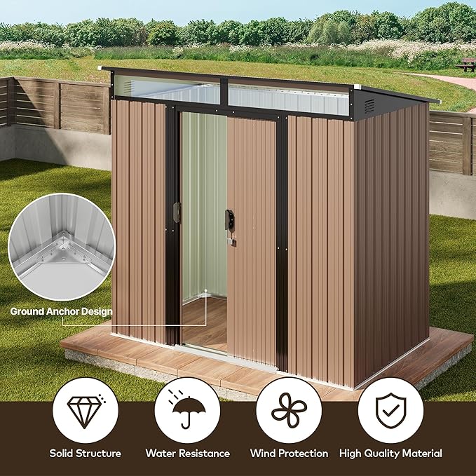 Gizoon 6'x4' Outdoor Storage Shed Metal Garden Shed with Sliding Lockable Doors, Versatile Tool Bike Shed with Transparent Panel Windows, Outdoor Storage Clearance for Backyard, Patio, Light Brown