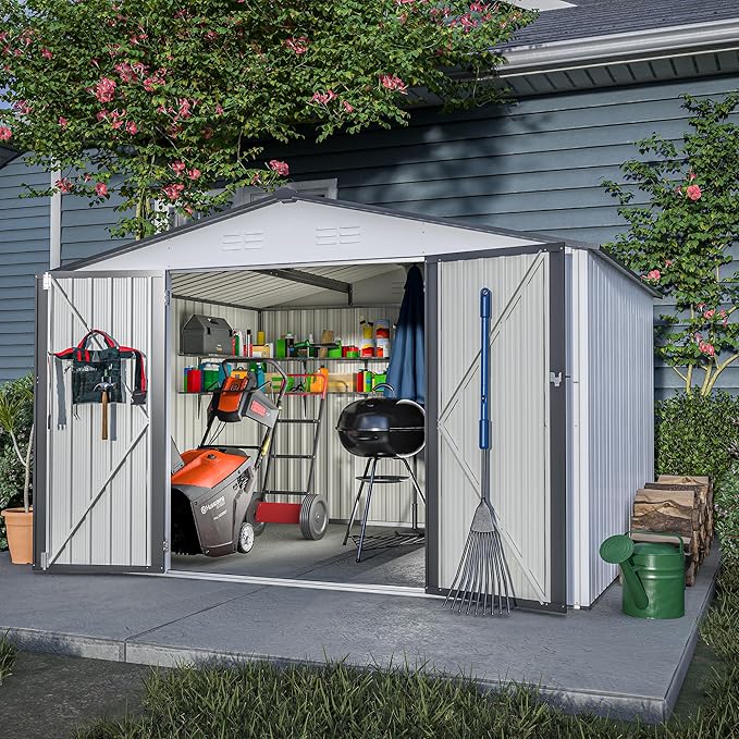 10X8 FT Outdoor Storage Shed, All Weather Metal Sheds with Lockable Doors, Tool Shed for Garden, Patio, Backyard, Lawn, White