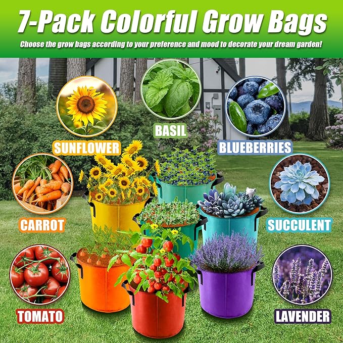 5 Gallon Grow Bags, 7 Pack Colorful Fabric Plant Pots with Handles for Garden and Outdoor Planting