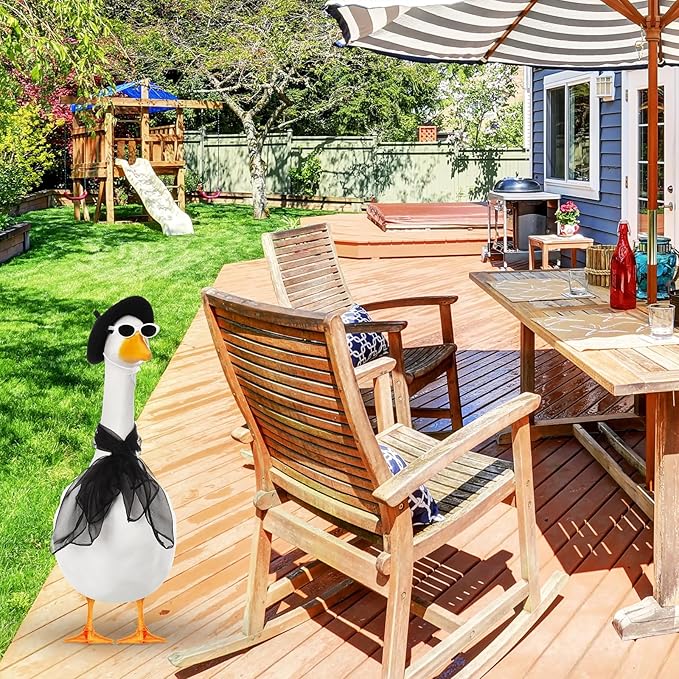 Yaomiao 3 Pcs French Porch Goose Outfit Set for 23'' 17'' Cement Plastic Lawn Goose Costume 50s French Beret Hat for Statue Halloween Carnival Statue Decor(Black)