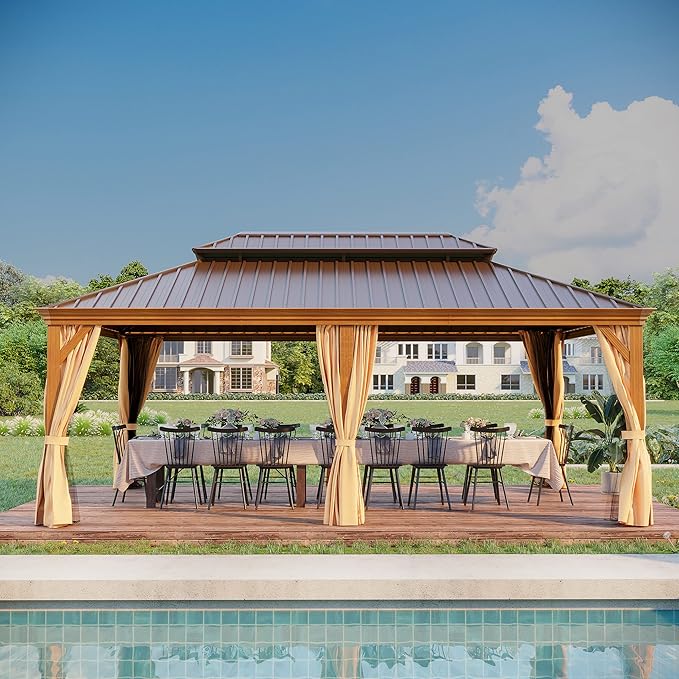 14' X 20' Hardtop Gazebo Outdoor Aluminum Patio Gazebo Double Roof Galvanized Steel Canopy Wooden Finish Coated with Netting and Curtains for Garden, Backyard,Deck and Lawns