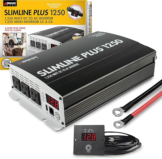 Wagan EL3732 1250W Slimline Plus AC to DC Power Inverter 1250 Watt TrueRated Continuous 2600 Watt Surge Power DC 12V to AC 110V Illuminated Display 2 AC Outlets and 2A USB Charging Port