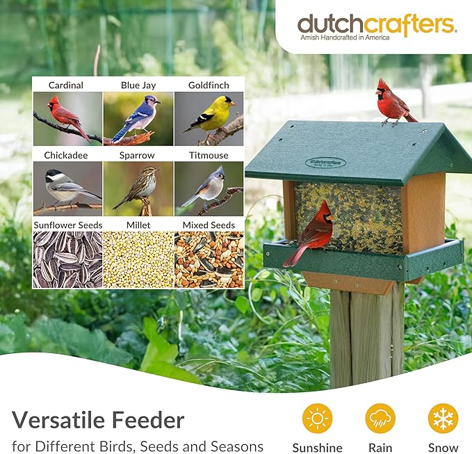 DutchCrafters Poly Large Hopper Bird Feeder Post Mount for 4" x 4", Wild Songbird Bird Seed Feeder for Outdoor, Outside, Garden, Yard - Amish Made in USA (Post Mount, Tudor Brown & Weatherwood)