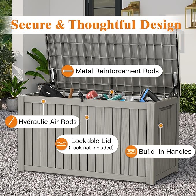 Outdoor Storage Box - Lockable Waterproof UV-Resistant Resin Deck Box for Patio Cushions, Pool Accessories (Grey, 180 Gallon)