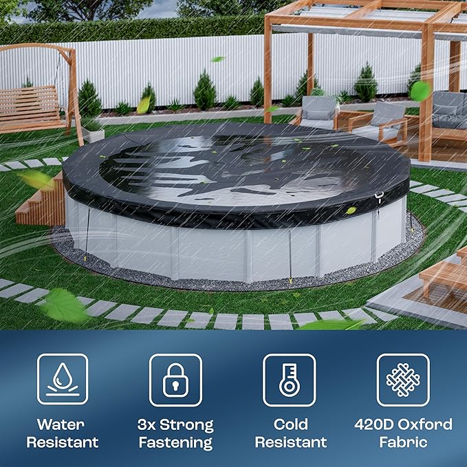 Yankee Diamond Series Pool Covers for Above Ground Pools | All-Weather, Windproof, Light 10ft Round Pool Cover w/ 4 Screw-In Pegs, 4 Ropes | 3 Mounting Methods, Strong Fastenings for Triple Protection