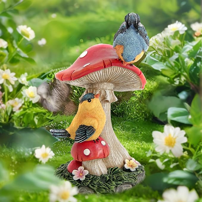 Leekung Bird Garden Statue for Outdoor Decorations,Bird Figurines Mushroom Statue for Garden Decor,Birds Decoration for Garden Patio Yard Lawn Home Shelf Decor Accent,Birds Gifts for Mom