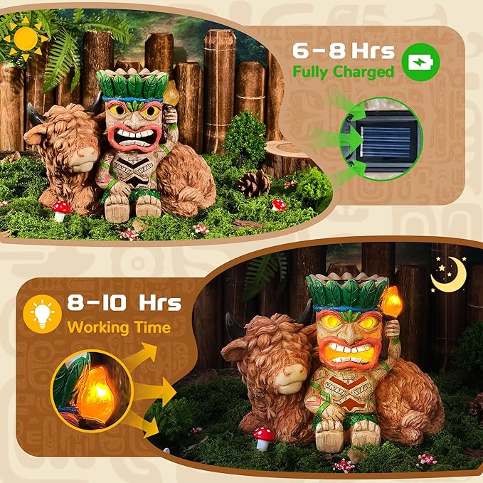 Funny Tiki Highland Cow Solar Garden Statue with LED Light - Outdoor Yard Lawn Patio Decor - Great Birthday Housewarming Gift for Women, Mom, Grandma