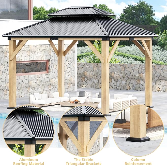 13'x 15' Outdoor Wooden Gazebo, Patio Hardtop Gazebos with Double Roof, Double Galvanized Steel Hardtop Roof Wood Frame with Netting and Curtains (13'x 15')