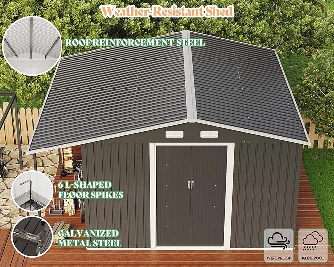 Jocisland 12x12x6.6 FT Galvanized Metal Storage Shed with Open Firewood Bay, Sliding Doors & Ramp, 2 Windows & Vents, Weather-Resistant Outdoor Tool/Garden Shed, Dark Grey/White