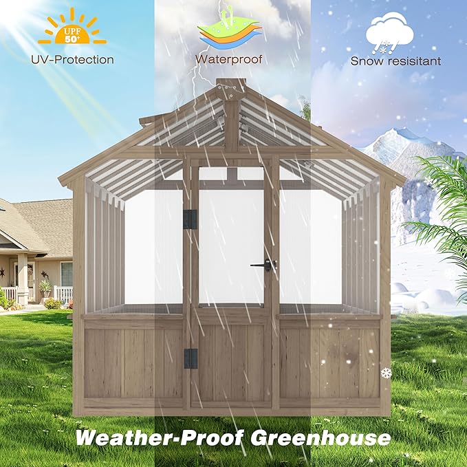 Mupater 6 x 12 FT Wooden Polycarbonate Greenhouse, Outdoor Green House Kit with Ventilated Window and Lockable Door, Walk-in Greenhouse for Backyard, Patio
