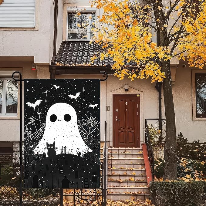 Scary Halloween Garden Flag 12x18 Inch Double Sided Cute Ghost Cat Flags Black White Graveyard Bat Spiderweb Banner Small Yard Flag for Halloween Outdoor Decoration