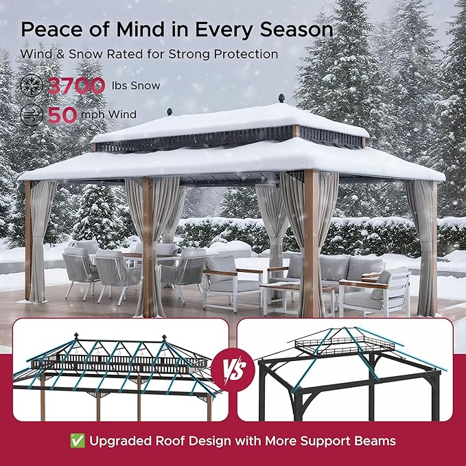 SUNJOY Kingston 20' x 12' Hardtop Gazebo with Galvanized Steel Double Roof, Curtain and Netting, Woodgrain Finish Aluminum Posts Permanent Pavilion Gazebo for Garden, Patio, Deck, Lawn