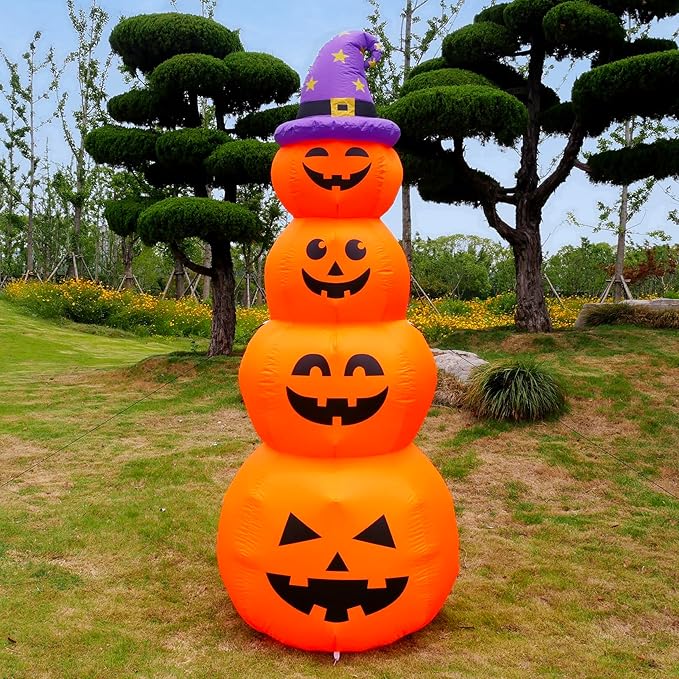 DearSun 8FT H Halloween Inflatable Stacked Pumpkins with Witch’s Hat, Blow up 4 Pumpkins Inflatable with Build-in LED Lights Outdoor Decorations Large Party Yard Decoration