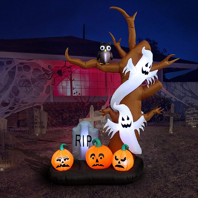 9 Foot Tall Halloween Inflatable Tree with Ghosts, Pumpkins, Owl and Tombstone LED Lights Decor Outdoor Indoor Holiday Decorations, Blow up Lighted Yard Decor, Lawn Inflatables Home Family Outside