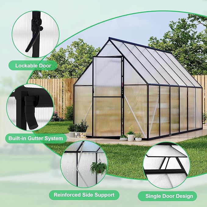 6x11 ft Aluminum Large Walk-in Greenhouses for Outside, Polycarbonate Greenhouse with Aluminum Frame, Greenhouse with Ventilation and Rain Gutter, Polycarbonate Greenhouses for Outdoors